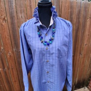 Blue Plaid Wrangler Upcycled Men's Shirt with Ruffle Collar Size M-L