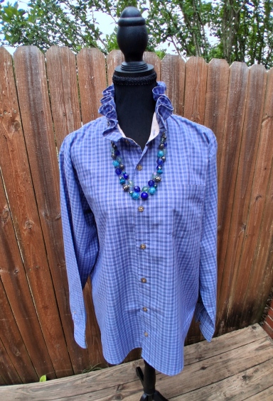 Blue Plaid Wrangler Upcycled Men’s Shirt with Ruffle Collar Size M-L