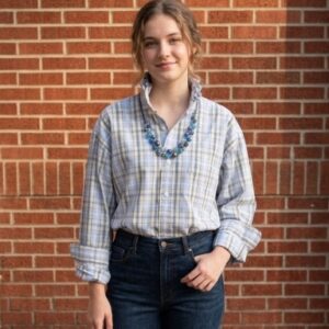 Blue and Yellow Plaid Upcycled Men's Shirt with Ruffle Collar Size L