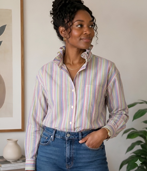 Pink Multi-Striped Upcycled Men’s Shirt with Ruffle Collar Size L