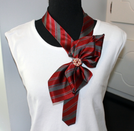 Upcycled Mens Necktie Necklace – Red and Gray Stripe